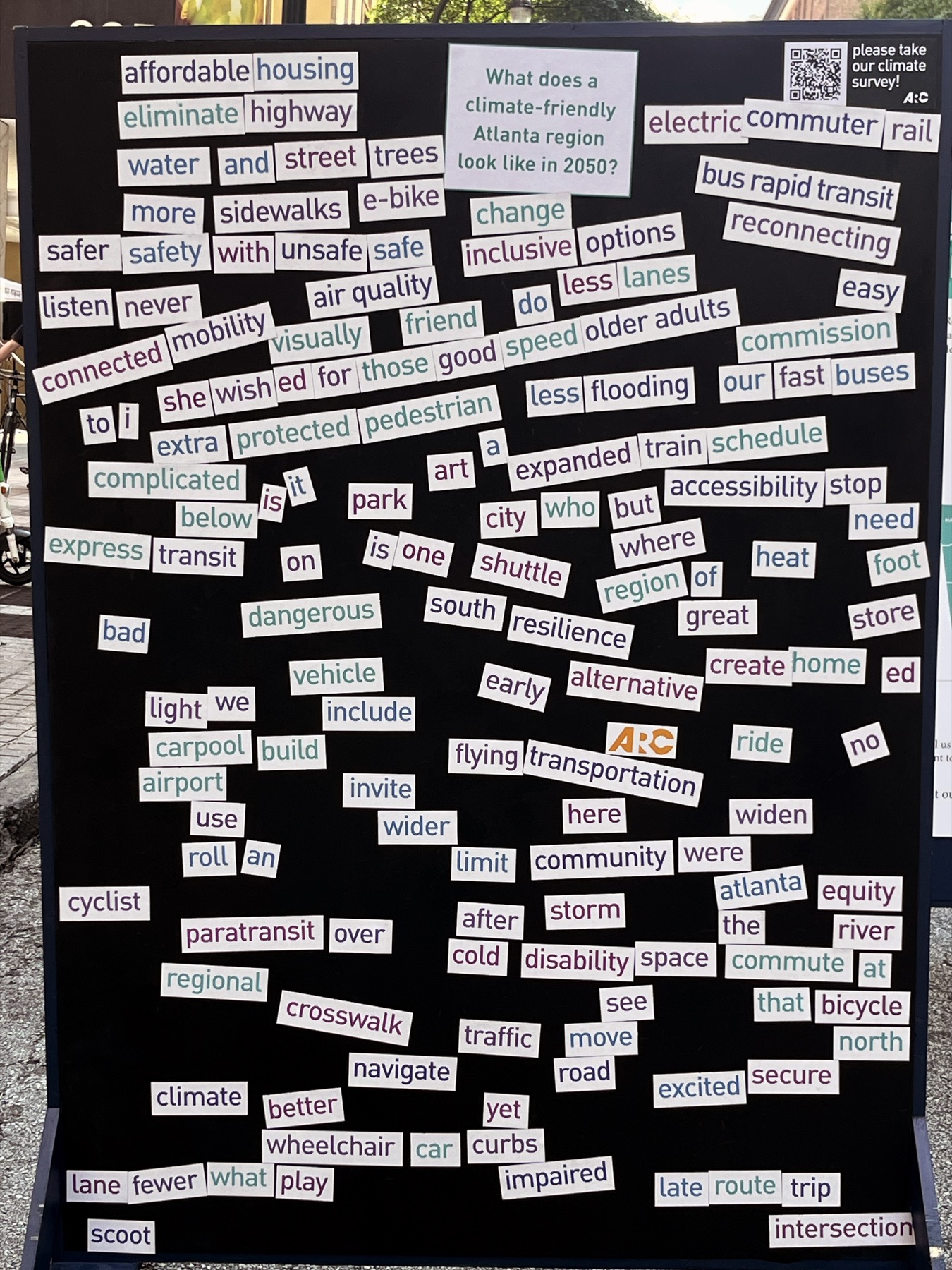 Interactive word board capturing community transportation priorities for the Atlanta region.